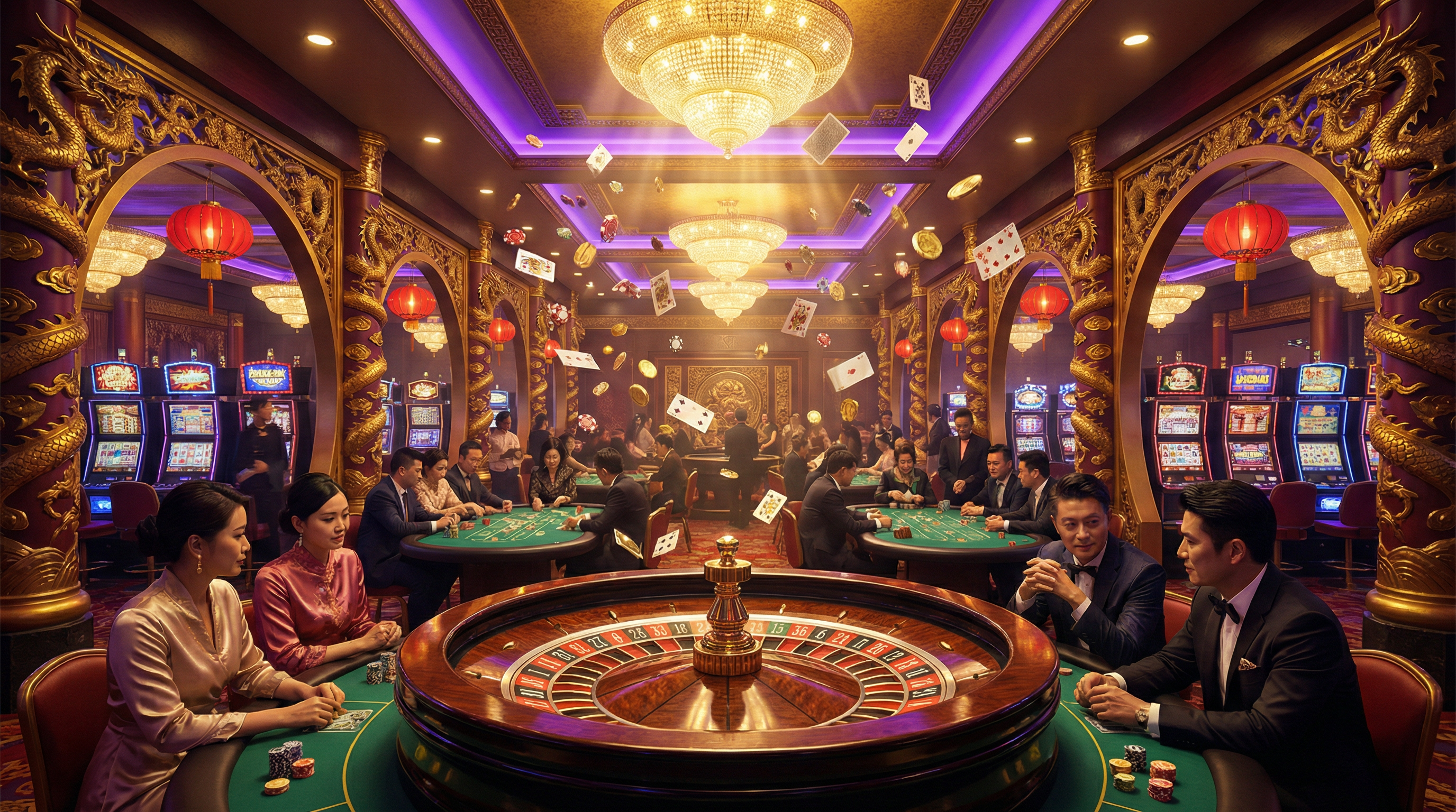 亚洲娱乐豪华博彩大厅展示,包含轮盘、扑克桌和老虎机